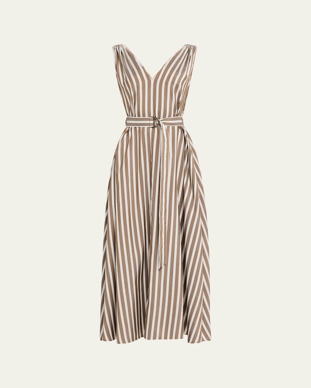 Striped Sleeveless Monili-Shoulder Belted Midi Dress